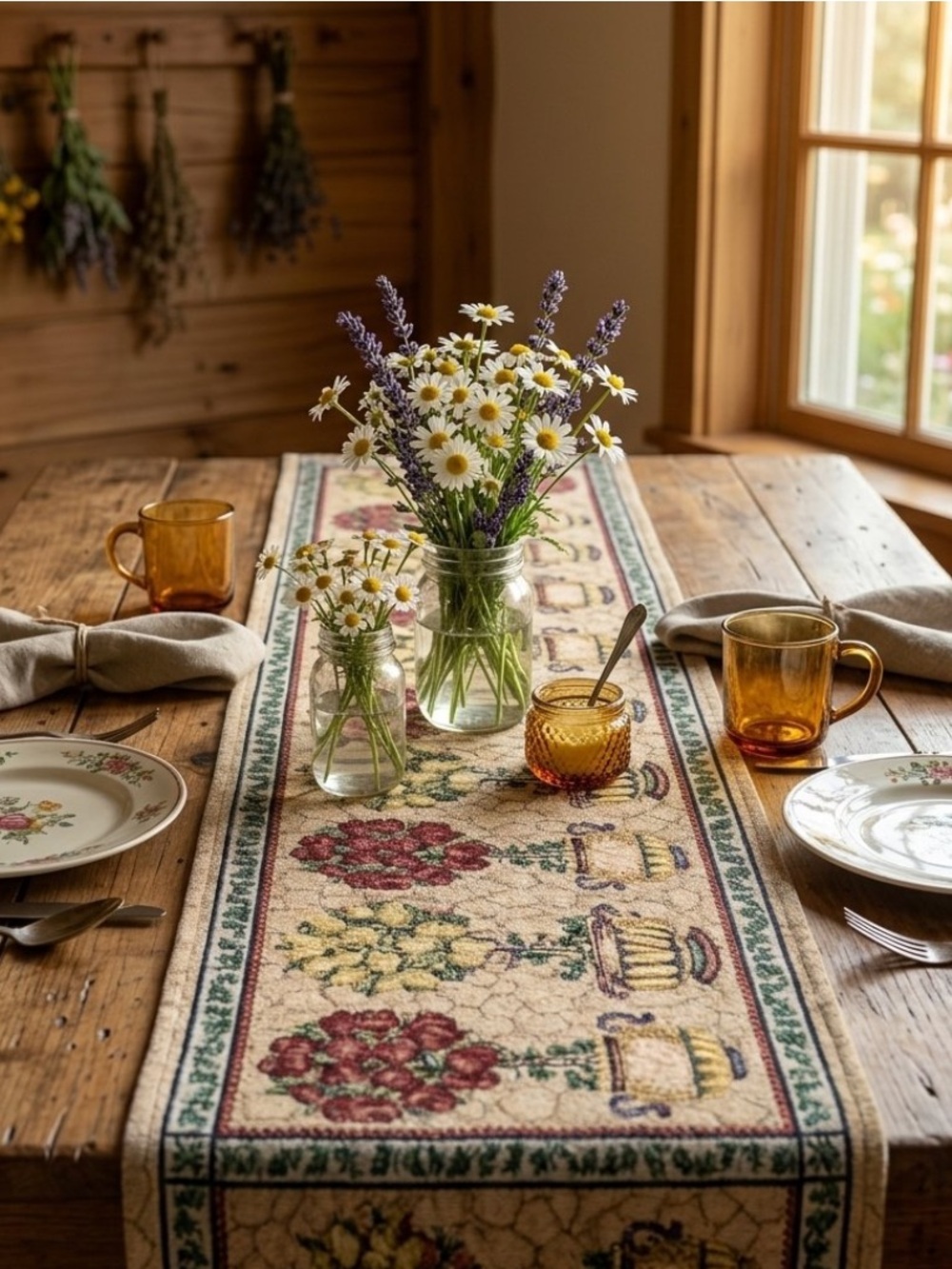 Woven Tapestry Table Runner w/Floral (or Fruit) Topiaries On Cream Background